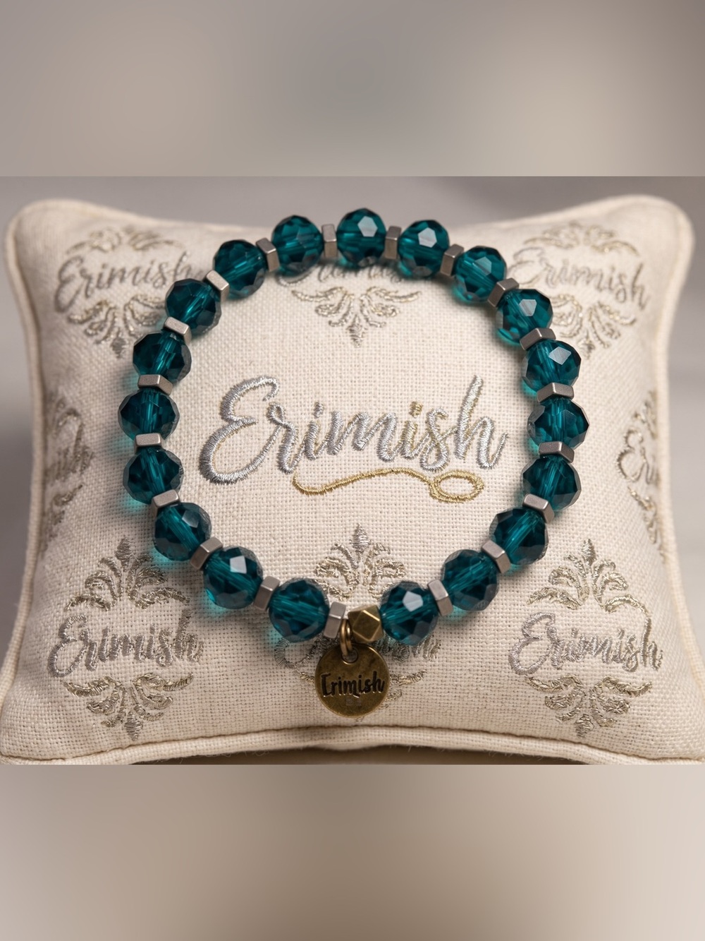 Erimish Teal Faceted Crystal Stretch Bracelet with Gold Charm Stackable